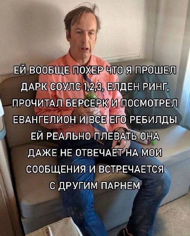 ВООБЩЕ ПОХЕР что Я ПРОШЕЛ ДАРК СОУЛС 1,2,3,: ЕЛДЕН РИНГ, ПРОЧИТАЛ БЕРСЕРК И” "ПОСМОТРЕЛ ЕВАНГЕЛИОН И РЕБИЛДЫ РЕАЛЬНО ПЛЕВАТЬ ОНА ДАЖЕ НЕ ОТВЕЧАЕТ НА МОИ СООБЩЕНИЯ И ВСТРЕЧАЕТСЯ С ДРУГИМ ПАРНЕМ