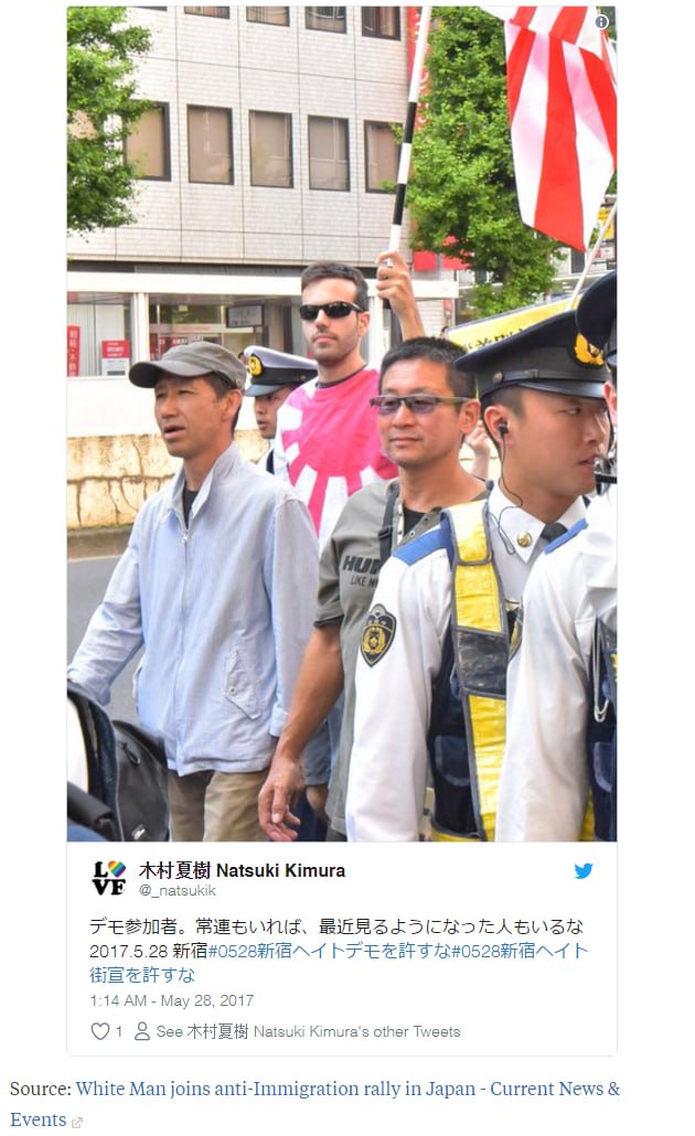 А у я) У Natsuki Kimura У @_natsukik FESMS. 2017.5.28 GiB 28 1:14 Мау 2017 (1 See ЖЕНЕ Natsuki Kimura's other Tweets Source: White Man joins anti-Immigration rally in Japan Current News Events