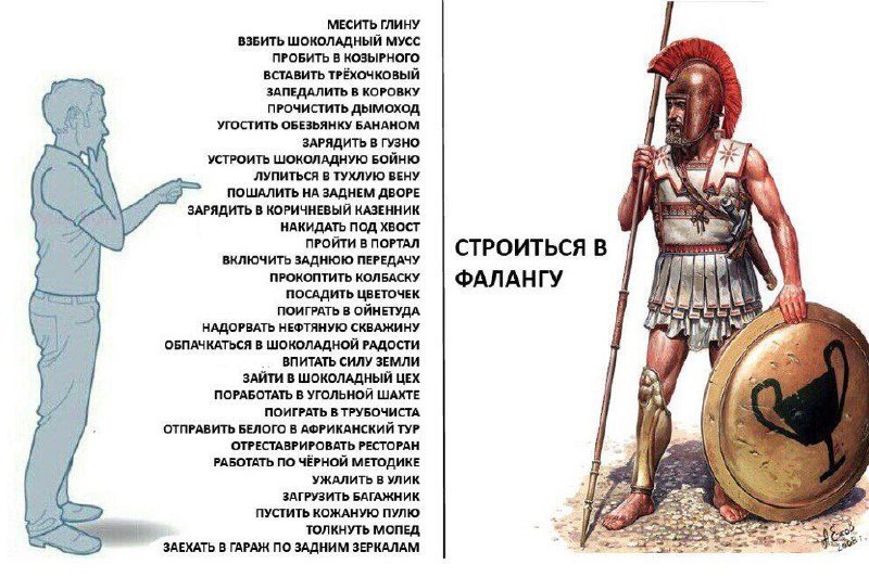 МЕСИТЬ ГЛИНУ ВЗБИТЬ ШОКОЛАДНЫЙ МУСС ПРОБИТЬ В КОЗЫРНОГО ВСТАВИТЬ ТРЁХОЧКОВЫЙ ЗАПЕДАЛИТЬ В КОРОВКУ ПРОЧИСТИТЬ ДЫМОХОД УГОСТИТЬ ОБЕЗЬЯНКУ БАНАНОМ ЗАРЯДИТЬ В ГУЗНО УСТРОИТЬ ШОКОЛАДНУЮ БОЙНЮ ЛУПИТЬСЯ В ТУ