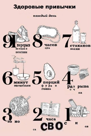 Здоровые привычки каждый день перерыв часов стаканов отдых и сра водки потягушки И минут порций фури и говна раз рыва 157 часа по и CBO