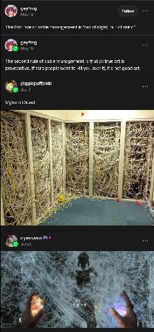 geytrog Follow у The first rule of cable management is “out of sight, out of mind” The second rule of cable management is that all true art is provocative. If zero people want to kill you over it, it’