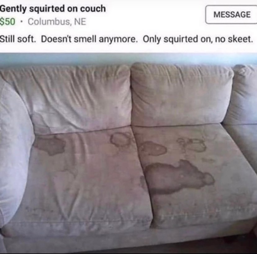 ently squirted on couch $50 Columbus, Still soft. Doesn't smell anymore. Only squirted on, no skeet.