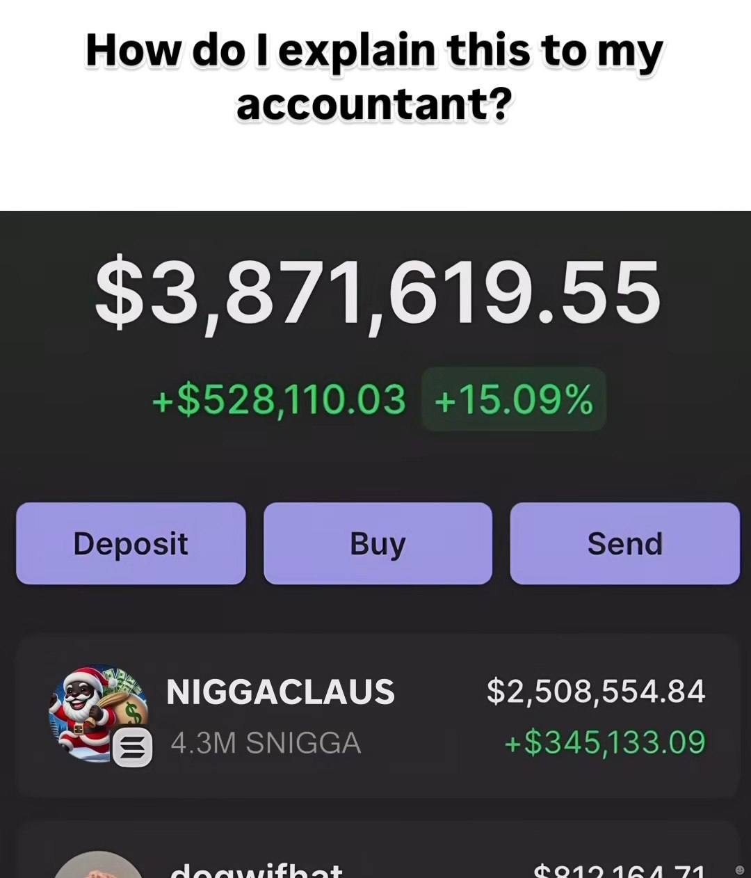 How explain this to my accountant? $3,871,619.55 +$528110.03 +15.09% NIGGACLAUS $2,508,554.84 SNIGGA +$345,133.09