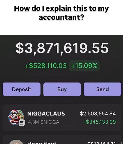How explain this to my accountant? $3,871,619.55 +$528110.03 +15.09% NIGGACLAUS $2,508,554.84 SNIGGA +$345,133.09