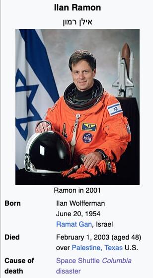 >first israeli astronaut
>dies in space shuttle crash over place called palestine
who writes that shit