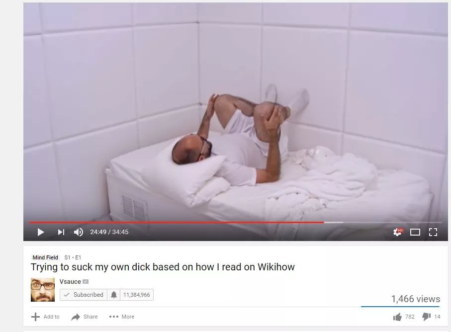 Mind Field Trying to suck my own dick based on how read on Wikihow Vsauce Subscribed 11,384966 1,466 views Share More 1@ 752