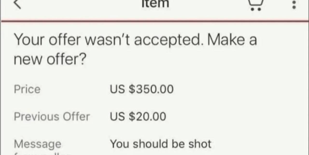 Your offer wasn't accepted. Make а new offer? Price $350.00 Previous Offer $20.00 Message You should be shot