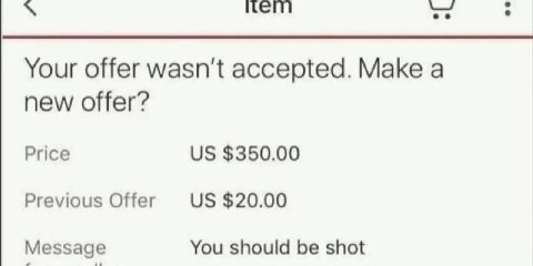Your offer wasn't accepted. Make а new offer? Price $350.00 Previous Offer $20.00 Message You should be shot