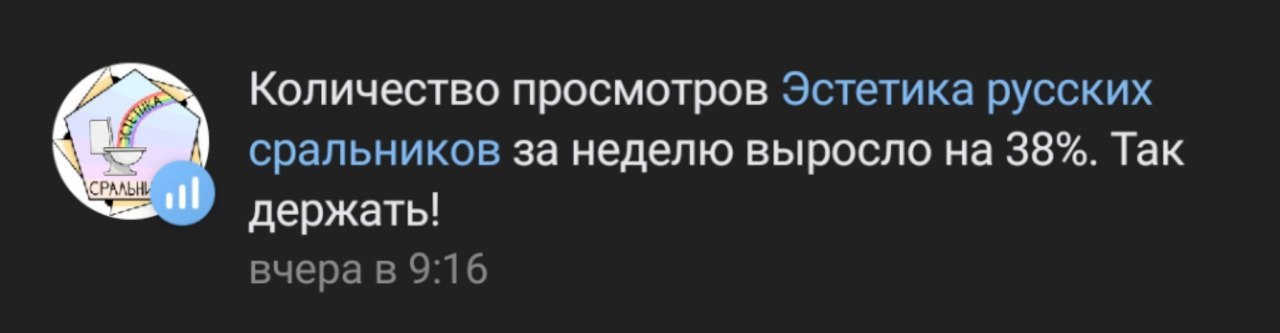 Количество просмотров Эстетика русских сральников за неделю выросло на 38%. Так держать! вчера в 9:16
