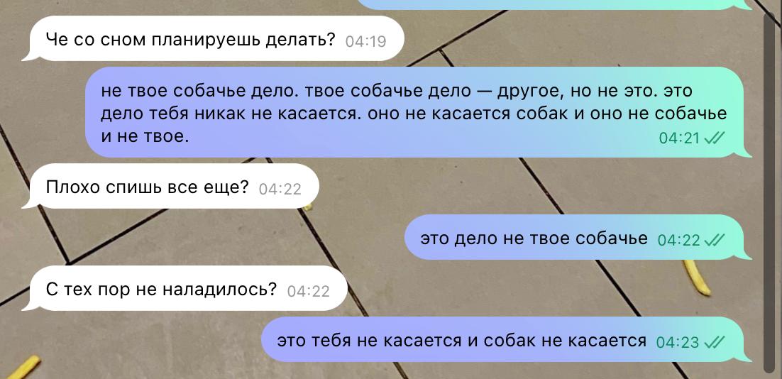 Че сном планируешь делать? 04:19 не твое собачье дело. твое собачье дело другое, но не это. это ‘дело тебя никак не касается. оно не касается собак и оно не собачье твое. 04:21 7 Плохо спишь все еще? 