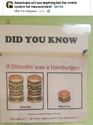 Americans will use anything but the metric system for measurement Unirte Elfar Рог Helgason DID YOU KNOW If Dilaudid was a Hamburger: Dilaudid Morphine ‘The Relative Potency of Ditaudid Morphine: Dila