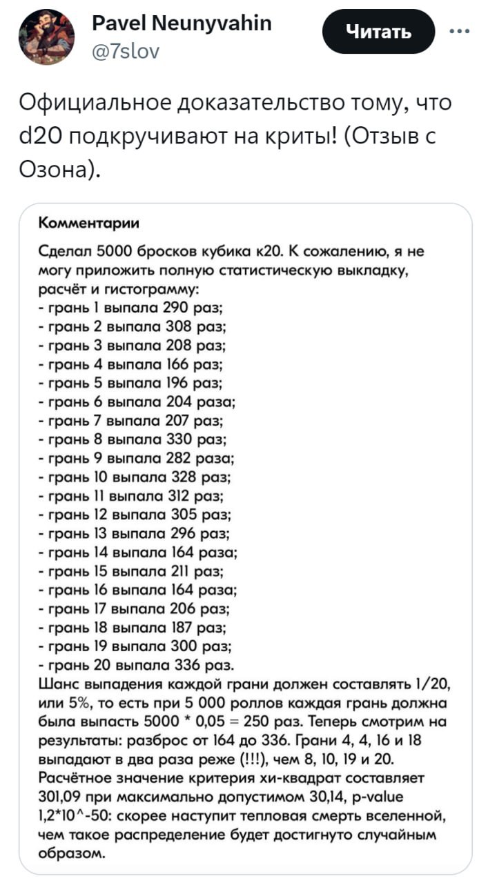 Pavel Neunyvahin Официальное доказательство тому, что 920 подкручивают криты! (Отзыв с Озона). Комментарии Сделал 5000 бросков кубика к20. К сожалению, я не могу приложить полную статистическую выклад
