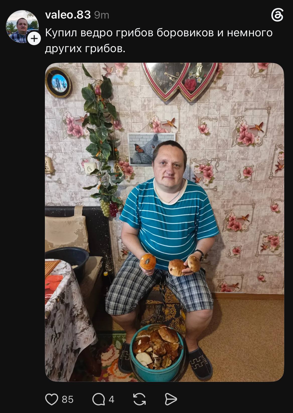 valeo.83 Купил ведро грибов боровиков и немного других грибов. rey Я BE me ‘a 85