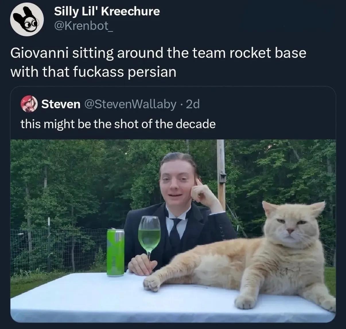 Silly Кгееспиге Giovanni sitting around the team rocket Базе with that fuckass persian Steven this might be the shot of the decade