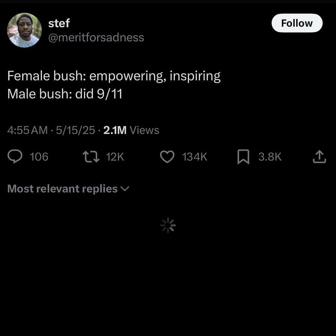 @meritforsadness Female bush: empowering, inspiring Male bush: did 9/11 4:55 5/15/25 Views 106 3.8к Most relevant replies