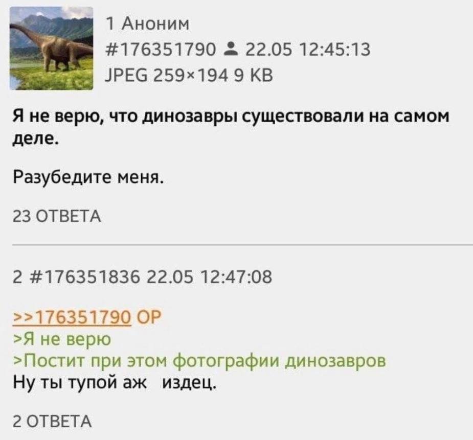 1 Аноним #176351790 22.05 12:45:13 a JPEG 9 Я не верю, что динозавры существовали на самом деле. Разубедите меня. 23 ОТВЕТА 2 #176351836 22.05 12:47:08 >>176351790 >Я не верю >Постит при этом фотограф