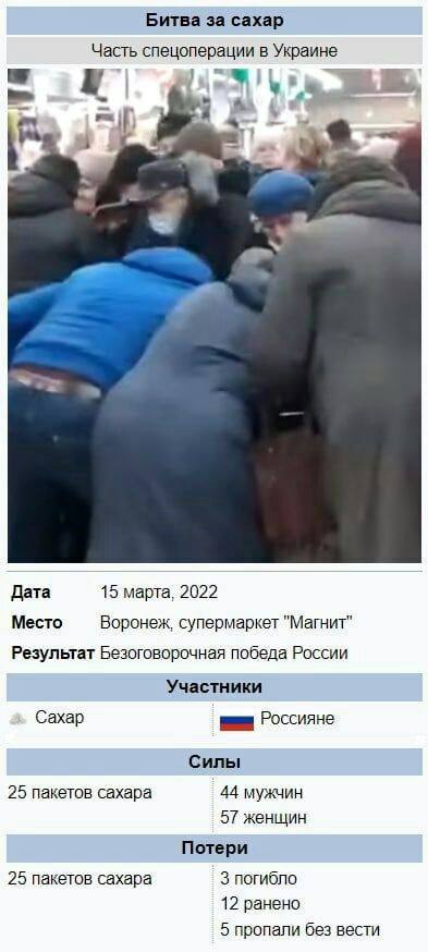 Битва за сахар Часть спецоперации в Украине Дата 15 марта, 2022 Место Воронеж, супермаркет "Магнит" Результат Безоговорочная победа России Участники Сахар Россияне Силы 25 пакетов сахара 44 мужчин 57 