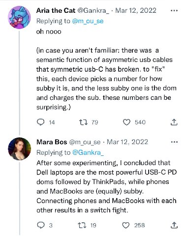 Aria the Cat @Gankra_- Маг 12, Replying to @m_ou_se nooo (in case you aren't familiar: there was a semantic function of asymmetric usb cables that symmetric usb-C has broken. to "fix" this, each devic