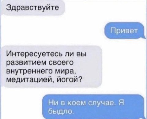 Здравствуйте Интересуетесь ли вы развитием своего внутреннего мира, медитацией, йогой? Ни в коем случае. Я быдло,