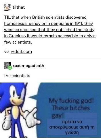 tilthat when British scientists discovered homosexual behavior in penguins in 1911, they were so shocked that they published the study in Greek so it would remain accessible to few scientists. via red