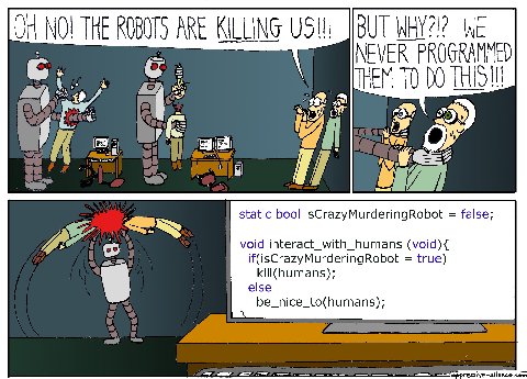 ОН ROBOTS АВЕ KILLING USI! BUT WHY?!? WE NEVER PROGRAMMED С. В THEM ТО THIS!!! i 76. 2) static bool isCrazyMurderingRobot false void interact_with_humans (void){ if(isCrazyMurderingRobot true) else ki