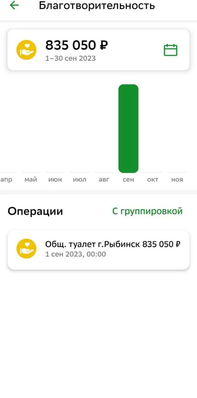 Благотворительность 835 050 1-30 ceH 2023 anp май июн июл авг сен OKT HOA Операции С группировкой Общ. туалет г.Рыбинск 835 050 1 сен 2023, 00:00