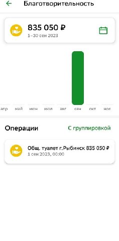 Благотворительность 835 050 1-30 ceH 2023 anp май июн июл авг сен OKT HOA Операции С группировкой Общ. туалет г.Рыбинск 835 050 1 сен 2023, 00:00