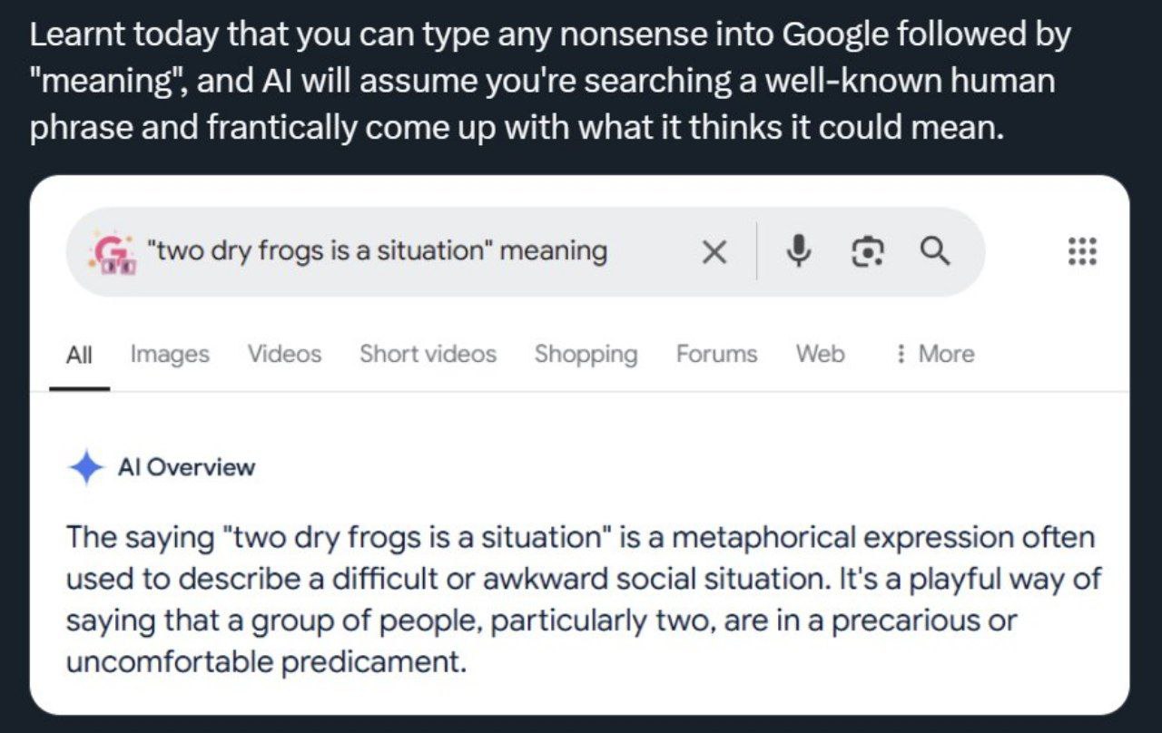 Learnt today that you can type any nonsense into Google followed and will assume you're searching а well-known human phrase and frantically come up with what it thinks it could mean. a “two dry frogs 