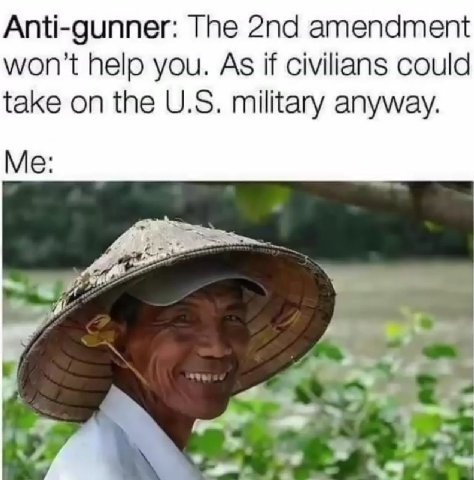 Anti-gunner: The amendment won't help you. As if civilians could take on the military anyway. Me war