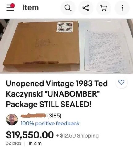 Кет Unopened Vintage 1983 Теа Kaczynski "UNABOMBER" Package STILL SEALED! (3185) 100% positive feedback $19,550.00 12.50 shipping 32 bids