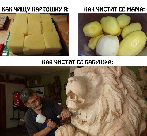 КАК ЧИЩУ КАРТОШКУ Я: КАК ЧИСТИТ ЕЁ MAMA: как ЧИСТИТ ЕЁ БАБУШКА: it A