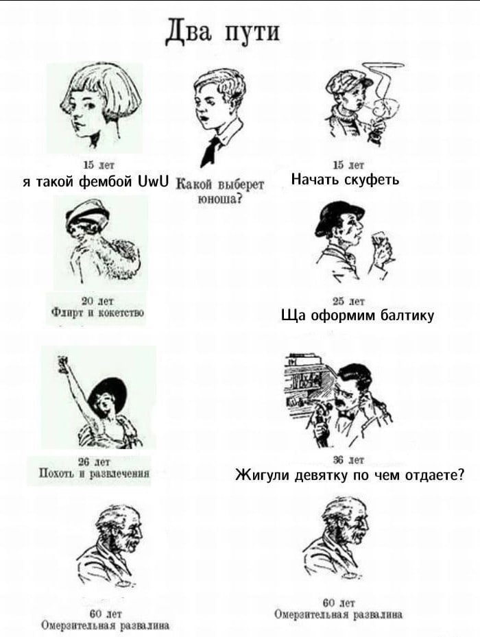 Два пути #1 A 15 лет 15 лет я такой фембой UWU Какой выберт Начать скуфеть юноша? у 20 дет 25 лет Флирт и кокетство оформим балтику As 26 лет 36 лет Похоть и развлечения Жигули девятку по чем отдаете?