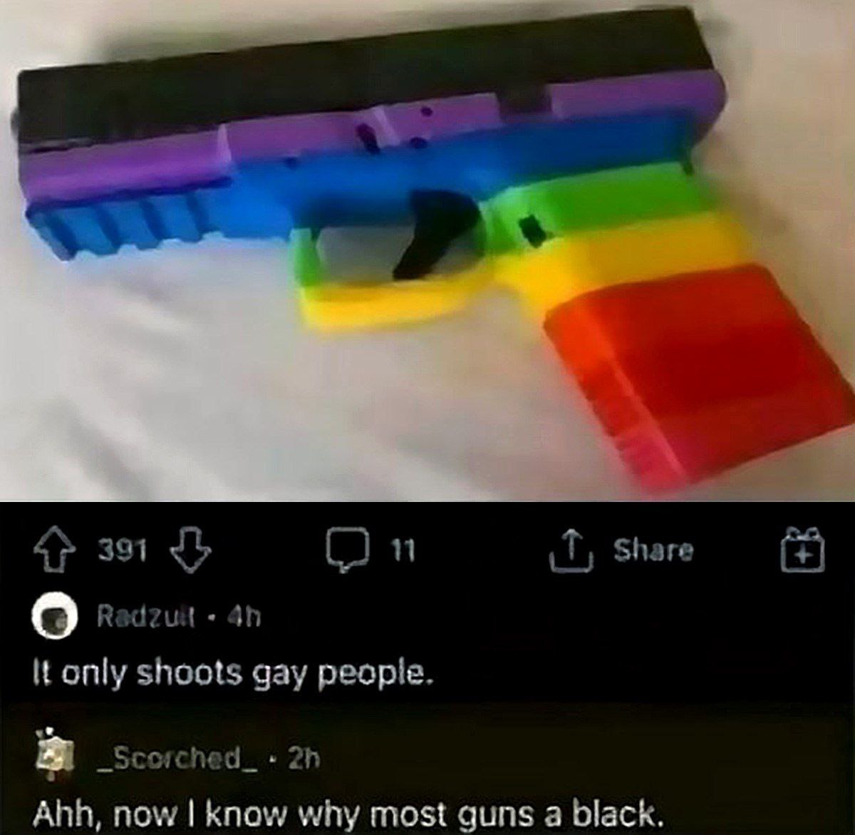 Share an only shoots gay people. Scorched_ Ahh, now know why most guns a black.