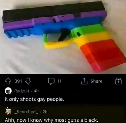 Share an only shoots gay people. Scorched_ Ahh, now know why most guns a black.