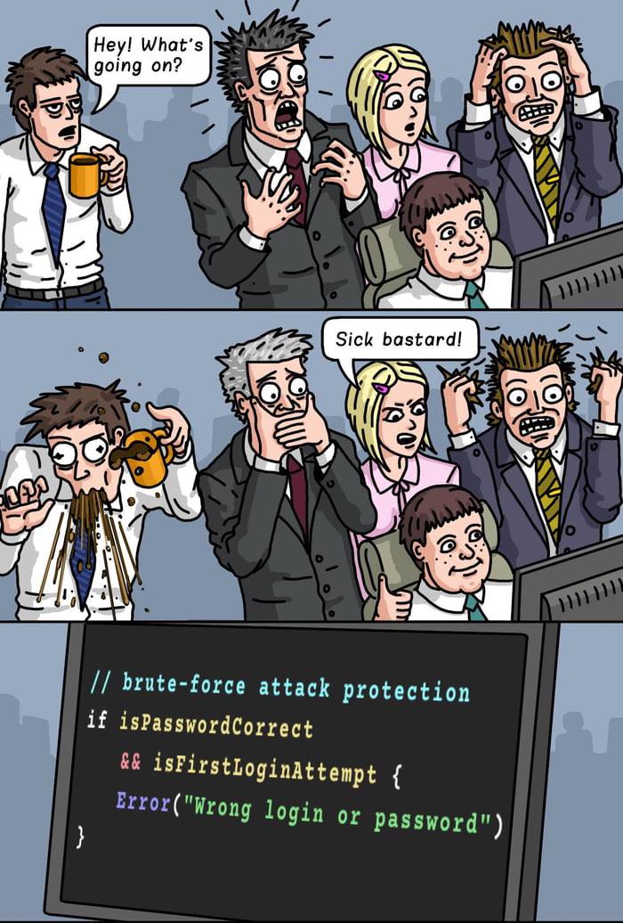 Hey! What's going on? if at У sick bastard! 1% Я У’, a brute-force attack protection if isPasswordCorrect 1 a isFirstLoginattempt login or Password")