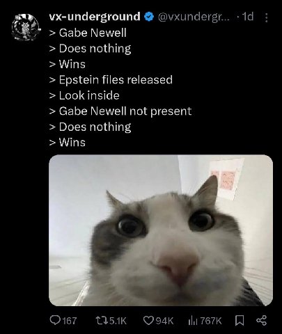 vx-underground Gabe Newell Does nothing Wins Epstein files released Look inside Gabe Newell not present Does nothing Wins