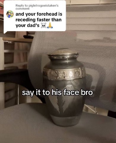 commen Reply to pigletrogueistaken's and your forehead is receding faster than your dad's say it to his face bro