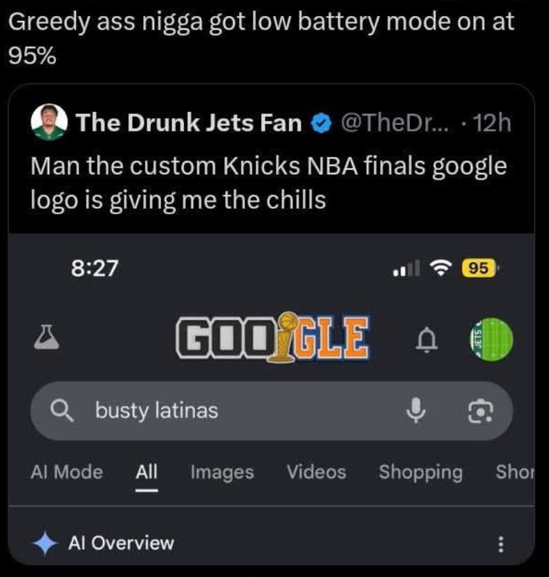 Greedy ass nigga got low battery mode on at 95% 6a The Drunk Jets Fan Man the custom Knicks NBA finals google logo is giving me the chills 8:27 [95] 95 Моде Images Videos Shopping Shor Overview