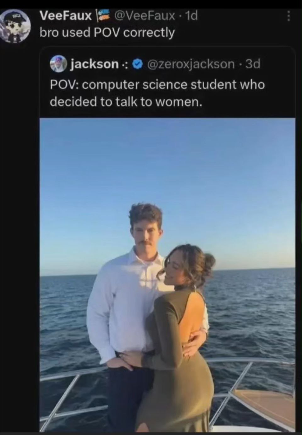 МееРаих bro used POV correctly POV: computer science student who decided to talk to women.
