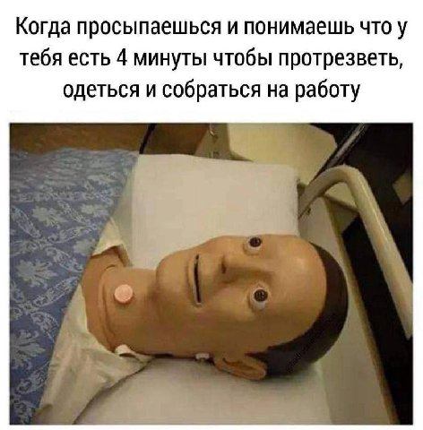 Когда просыпаешься и понимаешь что у тебя есть 4 минуты чтобы протрезветь, одеться и собраться на работу