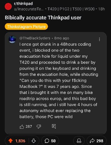 r/thinkpad Bibically accurate Thinkpad user топсе got drunk a 48hours coding event, i blocked one of the two evacuation hole for liquid under my and proceeded to drink a beer pouring it on the keyboar