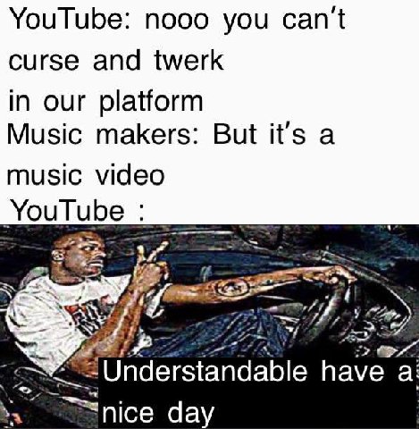 YouTube: nooo you can't curse and twerk in our platform Music makers: But it's a music video Understandable have a day