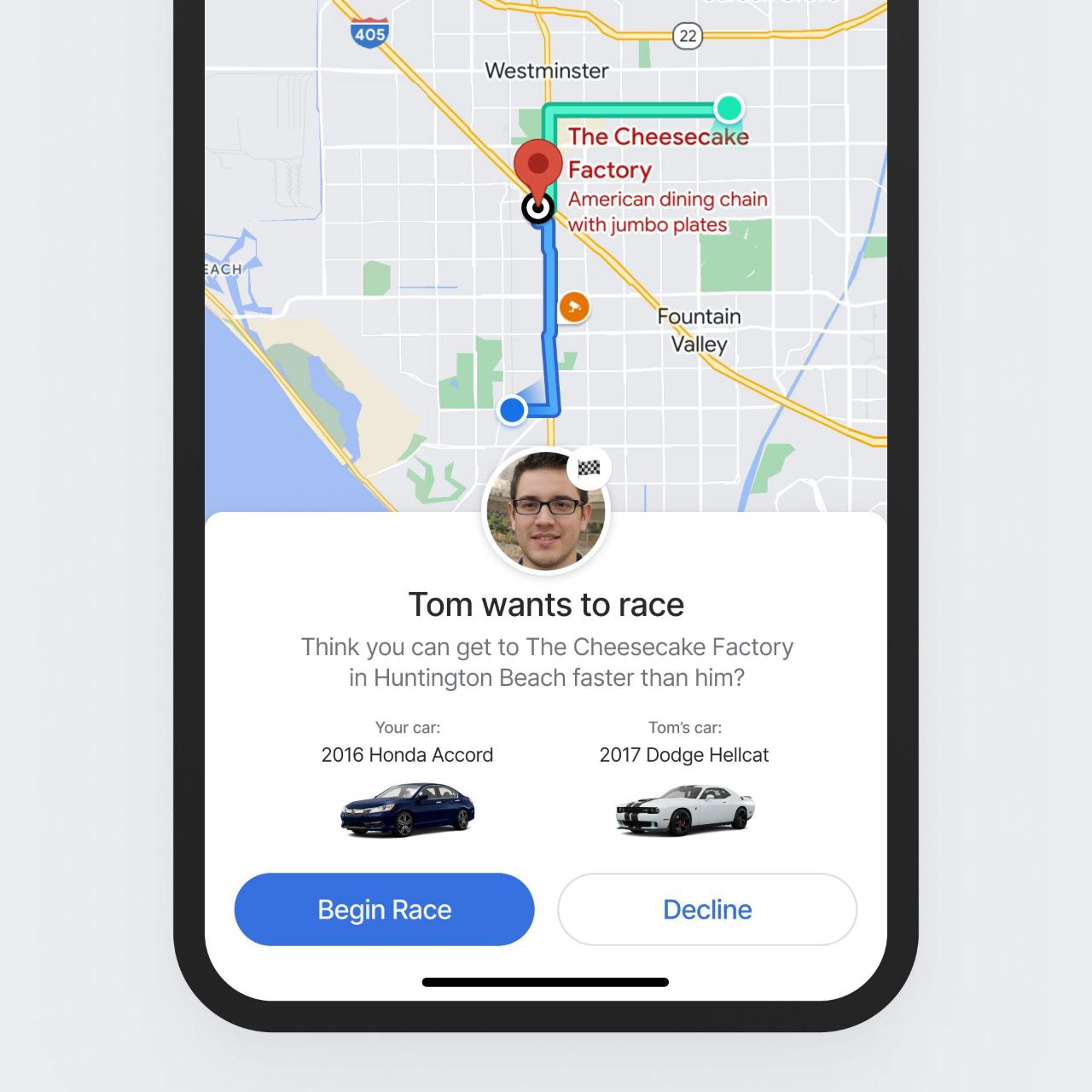 (2) Westminster The Cheesecake Factory American dining chain with jumbo plates ACH Fountain Valley Tom wants to race Think you can get to The Cheesecake Factory in Huntington Beach faster than him? Yo