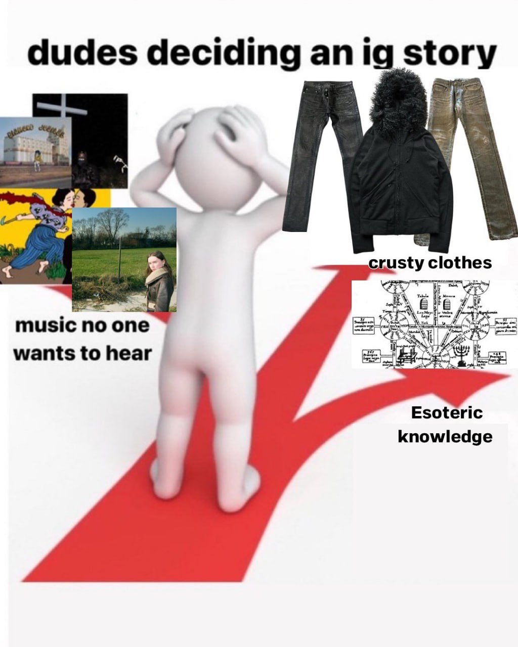 dudes deciding an story crusty clothes music no one wants to hear Esoteric knowledge