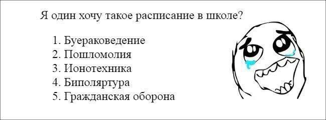 Я один хочу такое расписание в школе? 1. Буераковедение 2. Пошломолия 5 3. Ионотехника 4. Биполяртура 5. Гражданская оборона
