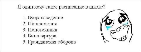 Я один хочу такое расписание в школе? 1. Буераковедение 2. Пошломолия 5 3. Ионотехника 4. Биполяртура 5. Гражданская оборона