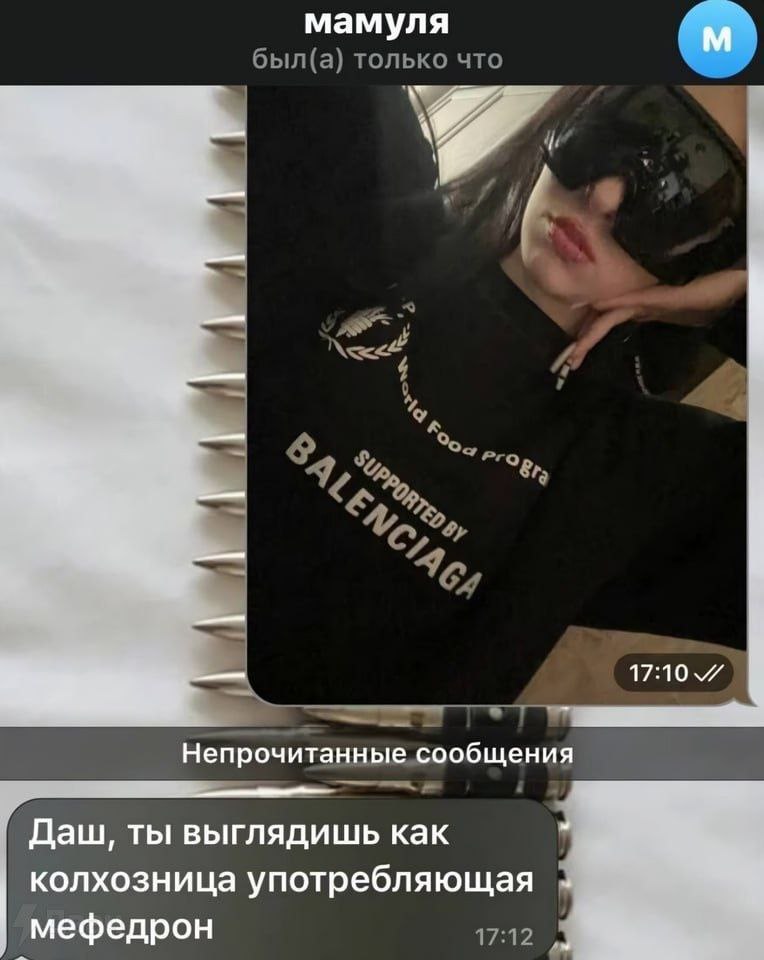 мамуля был(а) только что 0 к 17:10 Непрочитанные сообщения Даш, ты выглядишь как колхозница употребляющая мефедрон 17:12