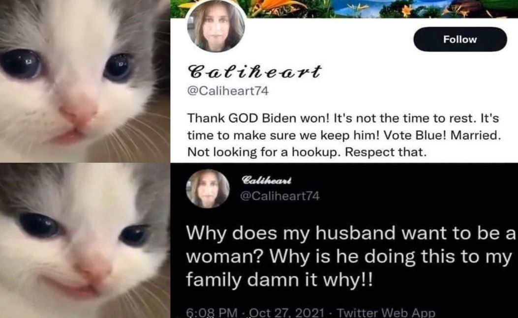 a Cattheart @Caliheart74 Thank GOD Biden won! It's not the time to rest. It's time to make sure we keep him! Vote Blue! Married. Not looking for a hookup. Respect that. Why does my husband want to be 