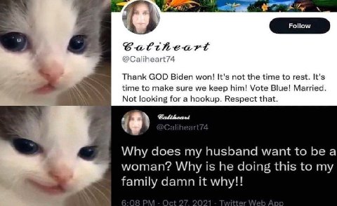 a Cattheart @Caliheart74 Thank GOD Biden won! It's not the time to rest. It's time to make sure we keep him! Vote Blue! Married. Not looking for a hookup. Respect that. Why does my husband want to be 