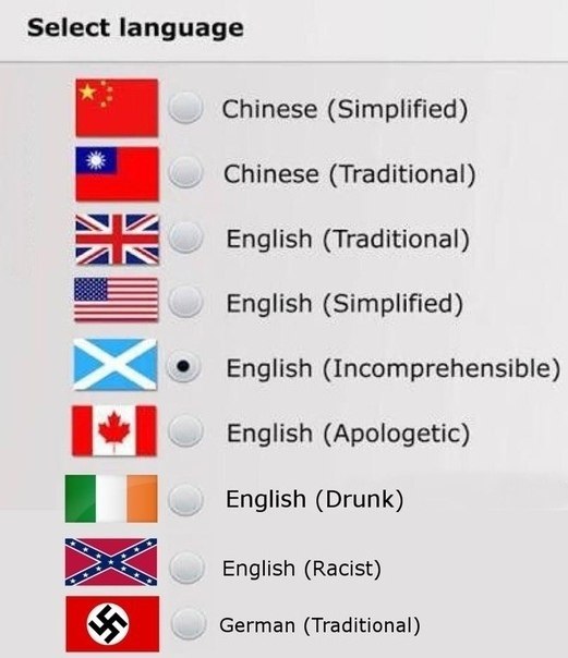 Select language Chinese (Simplified) Chinese (Traditional) English (Traditional) English (Simplified) English (Incomprehensible) English (Apologetic) English (Drunk) English (Racist) German (Tradition